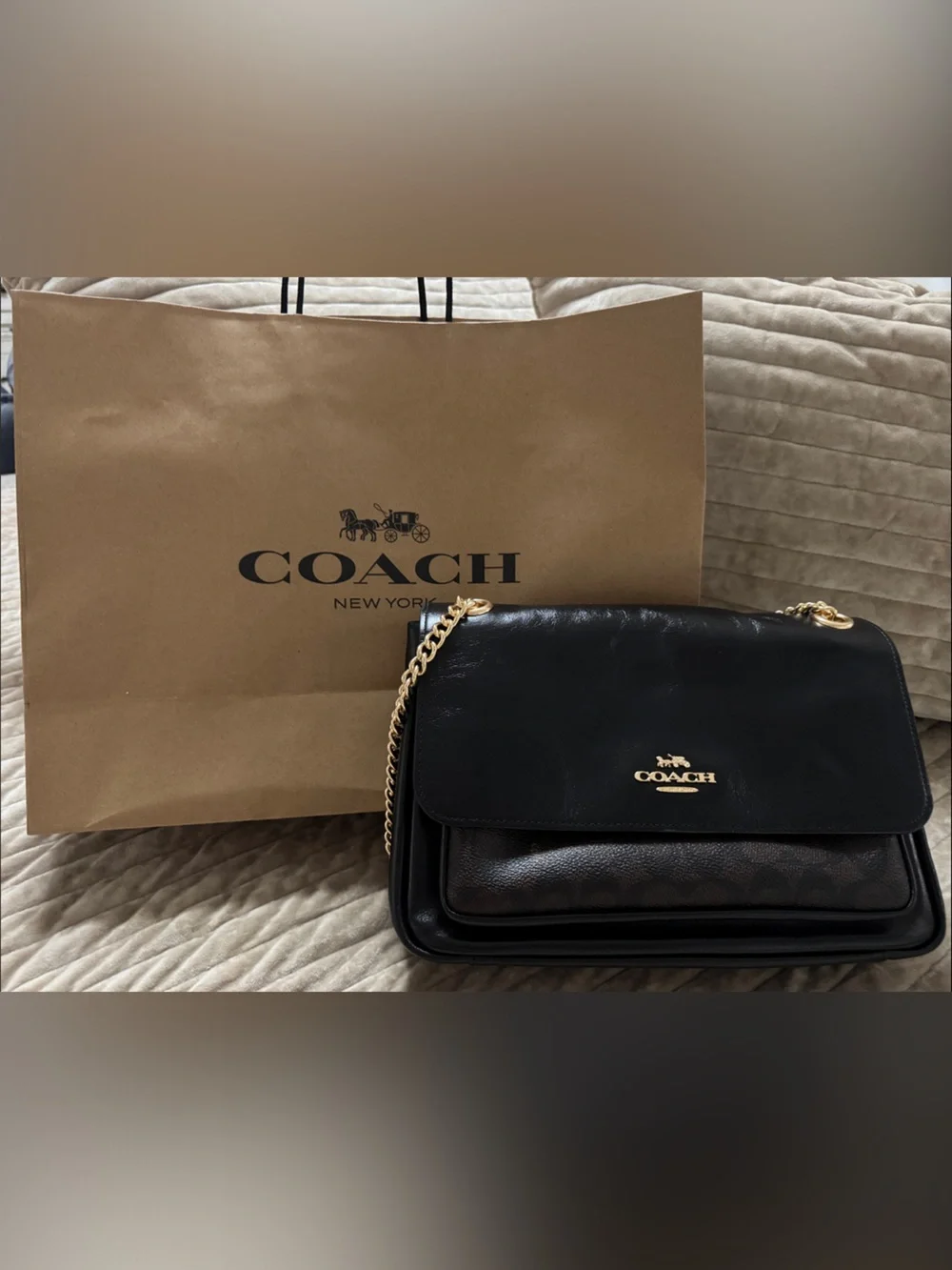 Coach Black Leather Shoulder Bag with Gold Chain